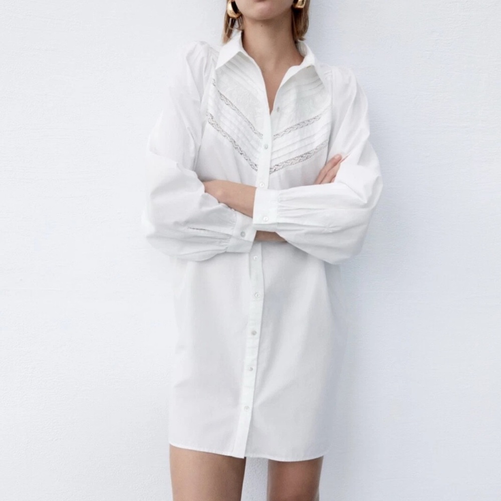 ZARA White Button-Up Shirt Dress 100% cotton